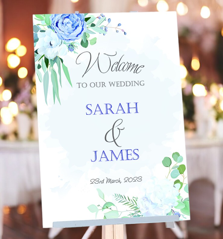 Dusky Blue Roses Welcome to Our Wedding Sign | Wedding Invites